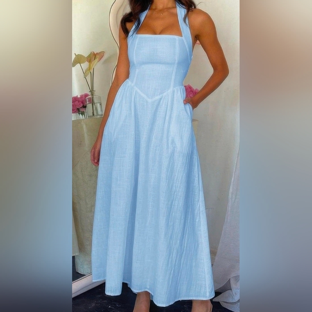 Elegant Light Blue Halter Maxi Dress